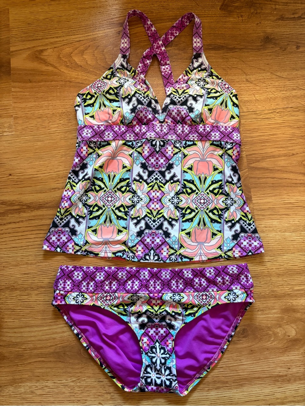Title Nine Purple Floral Mosaic Tankini Swim Set XS